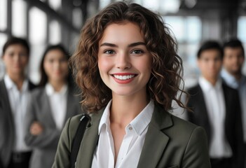 portrait of a smiling professional businesswoman,Confident Businesswoman, blurred Group of business people on background with businessman leader on foreground, Generative AI,best candidate concept