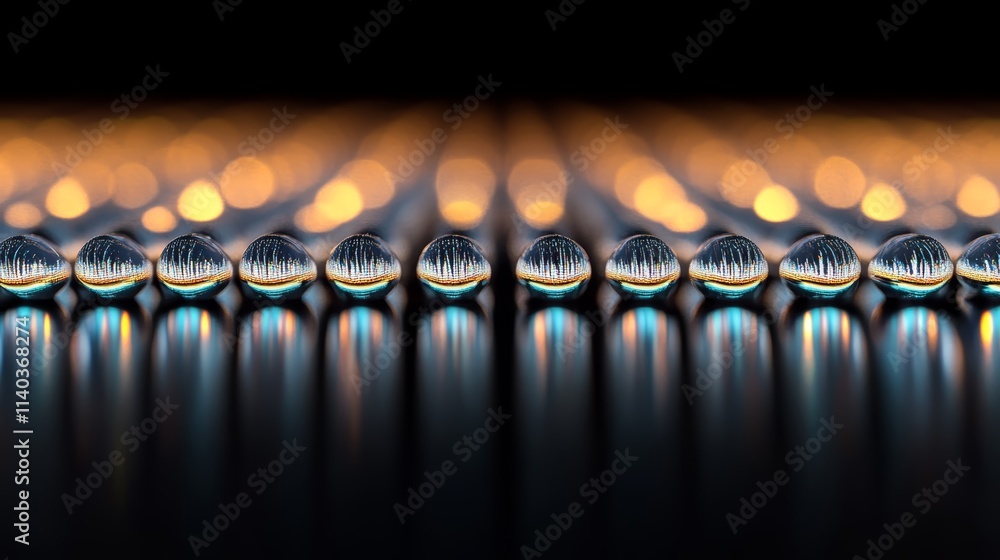 Poster intricate patterns formed by water droplets on a sleek black surface, creating mesmerizing interplay