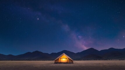 Illuminated Tent Beneath Starry Night Sky in Wilderness Landscape