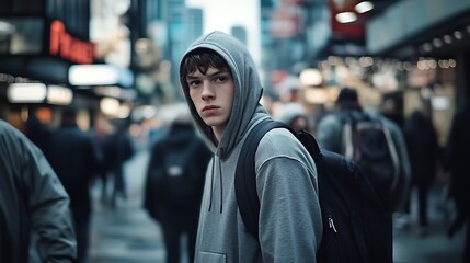 Young man in a hoodie walking through a busy city street with urban surroundings