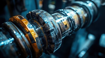 Obraz premium Close view of a worn camshaft in an industrial workshop showcasing mechanical components in a dimly lit setting