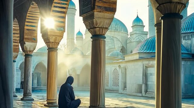 A solitary figure in traditional attire meditates tranquilly in a sunlit mosque courtyard, surrounded by ornate columns and domes. The scene evokes themes of peace, spirituality, and cultural