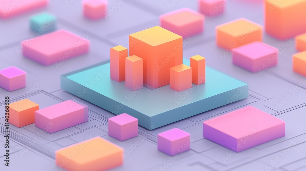 Poster abstract architectural concept, miniature house on a colorful 3d cube structure creative design and 