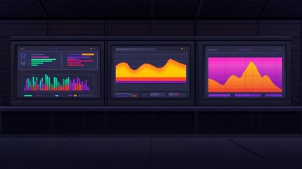 Colorful graphs and charts on monitor, visualizing data trends, performance analysis, business insights