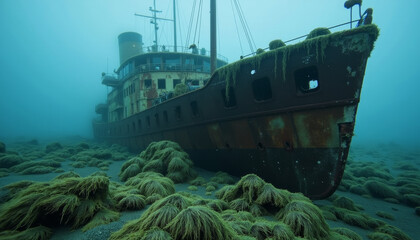 Exploring the submerged remnants of a historic shipwreck cloaked in vibrant marine life