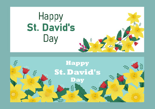 Happy St David's Day banners. Yellow Daffodils in Flat Cartoon Hand Drawn Templates