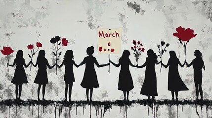 celebrate diversity: vibrant women's day poster featuring diverse cultures holding hands with flowers and a 'march 8' banner for inspiring sports interiors