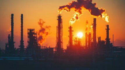 Fototapeta premium Industrial site with gas flare at sunset highlighting energy production processes and infrastructure