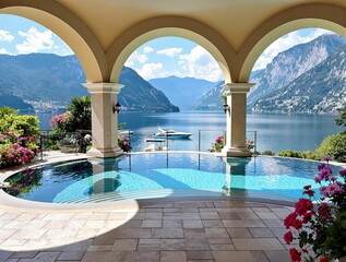 Luxury Villa Terrace With Infinity Pool Overlooking Scenic Lake and Mountains, Featuring Arched Architecture and Stunning Panoramic Views for Travel, Real Estate, and Vacation Concepts