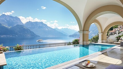 Luxury Villa Terrace With Infinity Pool Overlooking Scenic Lake and Mountains, Featuring Arched Architecture and Stunning Panoramic Views for Travel, Real Estate, and Vacation Concepts