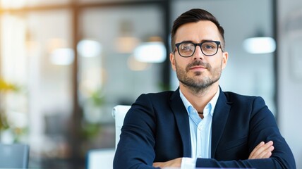 Fototapeta premium A focused man in glasses sits confidently, dressed in a formal suit, exuding professionalism in a modern office setting.