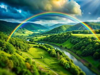 Fototapeta premium Double Rainbow Bridge Tilt-Shift Miniature Photography, Fairy Tale Landscape, Magical Arch, Dreamy Scene, Fantasy Art