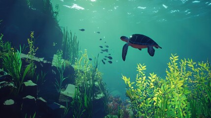 Fototapeta premium A detailed underwater scene featuring a swimming sea turtle surrounded by colorful aquatic plants and small fish, showcasing marine life beauty.