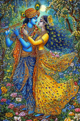 Divine Love of Krishna and Radha in a Lush Garden Celebrating Devotion and Beauty