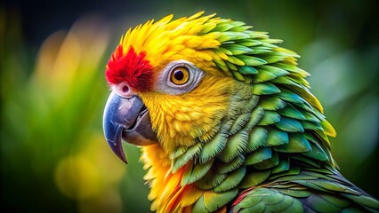 Obraz premium Double Yellow Headed Amazon Parrot Bird, High Depth of Field, Wildlife Photography, Exotic Bird, Amazon Parrot, Vivid Colors, Detailed Feathers, Tropical Bird, Bird Portrait