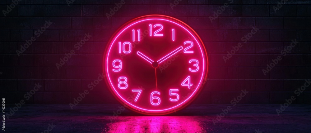 Poster a neon pink clock displaying the time on a dark background, creating a vibrant and modern aesthetic.