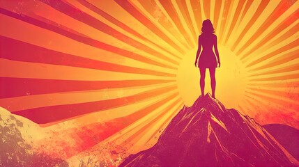 Fototapeta premium embrace empowerment: stunning poster of a woman triumphant on a mountain peak at sunrise, perfect for inspiring sports interiors and motivational spaces