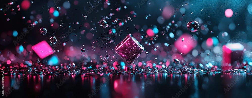 Poster a vibrant scene featuring colorful cubes and bubbles amidst sparkling water droplets, creating a dyn