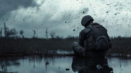Silhouette of a soldier sitting alone in a dramatic battlefield scene with birds flying overhead.