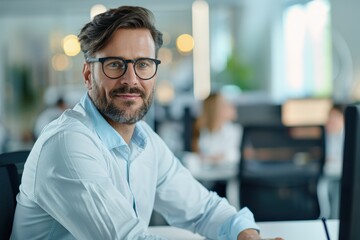 Obraz premium A confident man in glasses smiles at the camera, seated in a modern office filled with colleagues, showcasing a professional work environment.