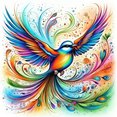 Obraz premium A vibrant hand-painted oil artwork of a bird in flight, featuring bold, colorful strokes and dynamic movement against a textured background. Created with generative AI technology
