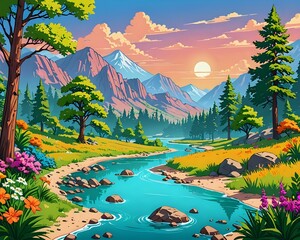 Colorful Mountain River Valley at Sunrise