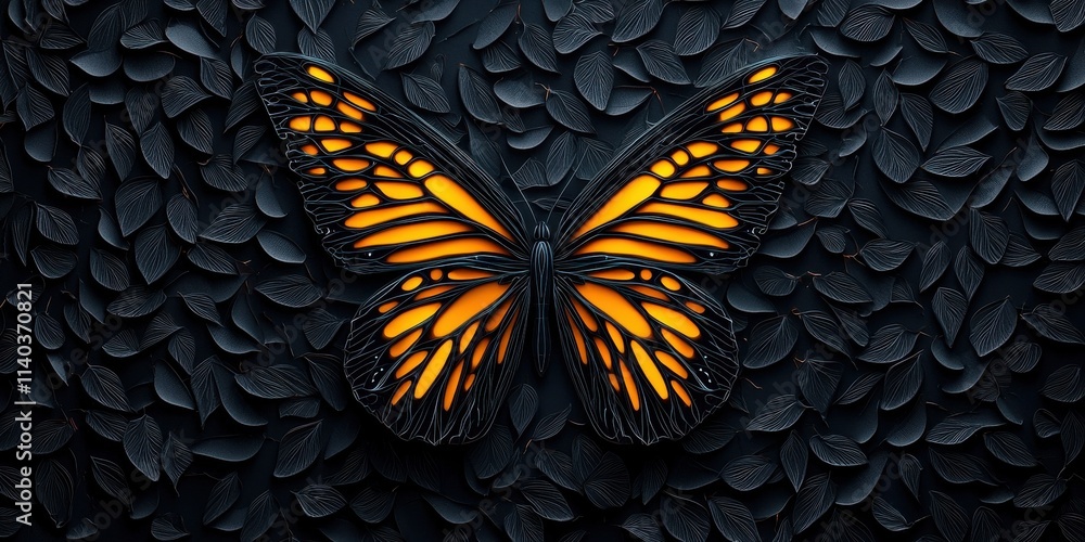 Poster A vivid orange butterfly rests on a textured dark background, creating a striking contrast that highlights its intricate patterns.