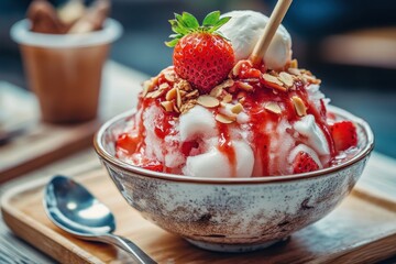 Strawberry bingsu a traditional Japanese summer dessert features shaved ice with sweet ice cream almond sticks strawberry sauce and condensed milk served in a cafe