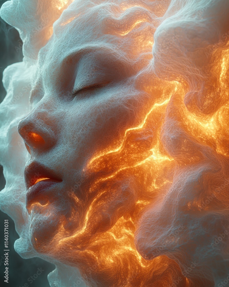 Poster dissolving face in abstract static art digital realm 3d visualization surreal environment close-up v