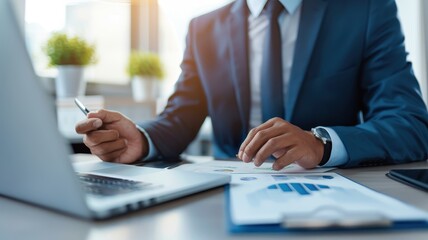 A businessman in a suit reviews reports and data on a laptop, emphasizing professionalism and productivity in a modern office setting.