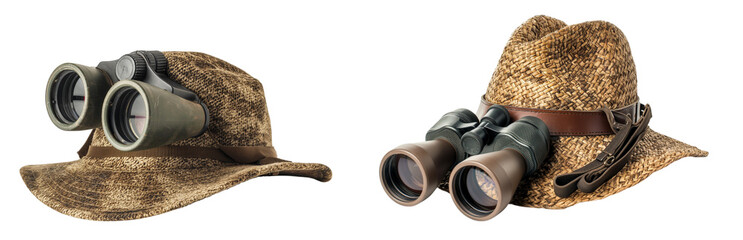 Hunting hat with binoculars collection isolated on a white or transparent background, Cut out PNG
