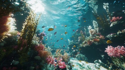 Fototapeta premium An enchanting view of a vibrant coral reef teeming with colorful fish and marine life, illuminated by sunlight filtering through blue waters.