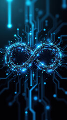 A digital artwork representing continuous integration/continuous delivery and DevOps concepts with Kubernetes and Docker highlighted, featuring a hexagon shape and a circuit board pattern.