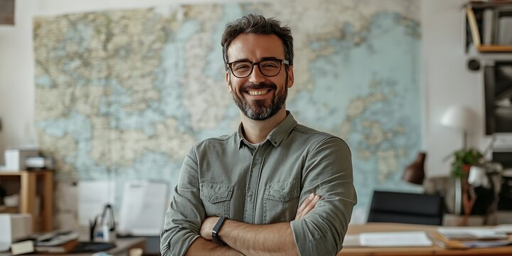 Portrait of a cartographer standing proudly in a mapping studio
