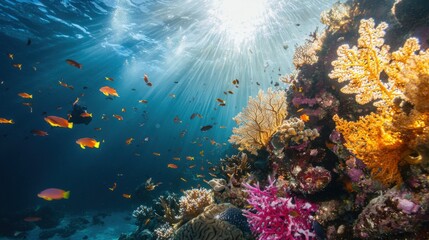 Obraz premium Vibrant underwater coral reef showcasing colorful corals and tropical fish. Sunlight streams through the water, illuminating the scene beautifully.