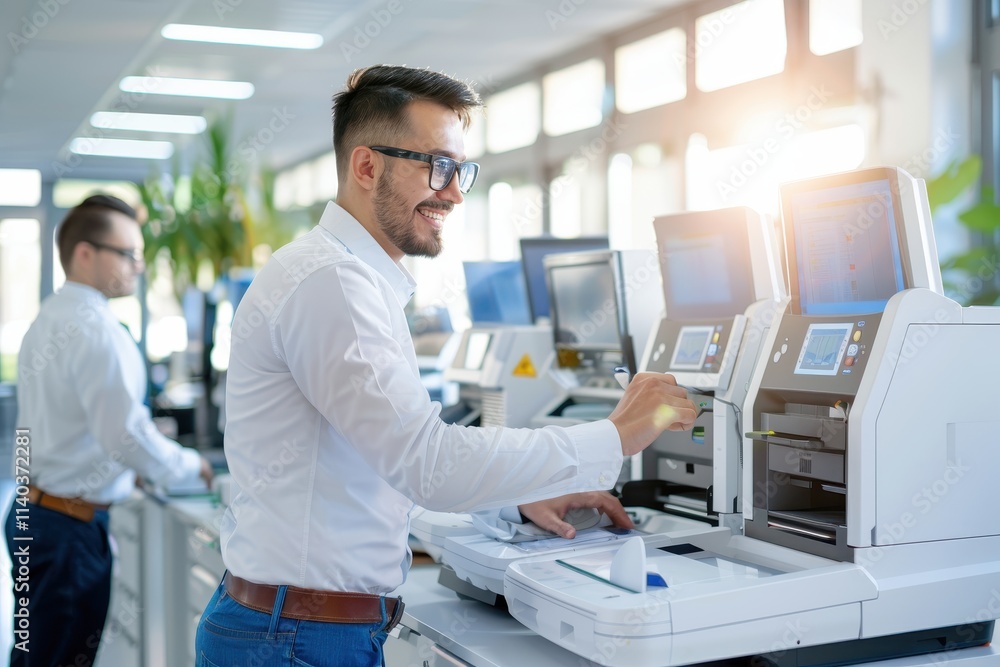 Poster a man in an office setting operates a printer, while another person works in the background, highlig