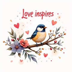 Colorful bird perched on a branch with flowers and the quote 'Love inspires' in a soft background