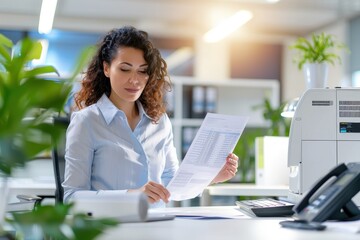 A professional woman reviews documents at an office desk, surrounded by plants and office equipment, in a bright and modern workspace.