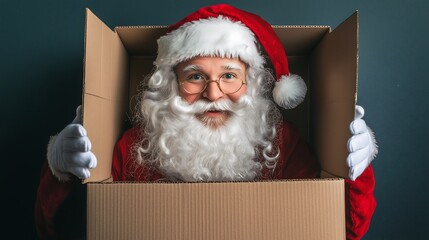 Fototapeta premium Excited Santa Claus opening a large box, spreading holiday cheer in a festive atmosphere.