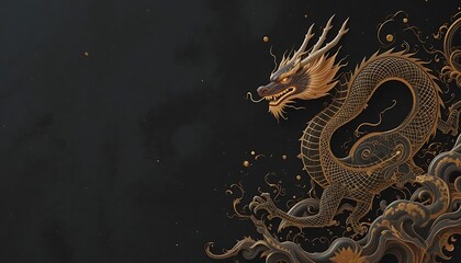 Fototapeta premium Majestic Gold-Accented Dragon: Dark Elegance in Asian Art