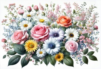 An artistic watercolor depiction of blooming flowers, showcasing vivid colors and gentle brushstrokes for a natural, elegant effect. Created with generative AI technology