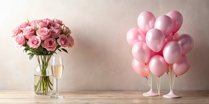sophisticated pink balloon arrangement with champagne and roses against minimalist backdrop