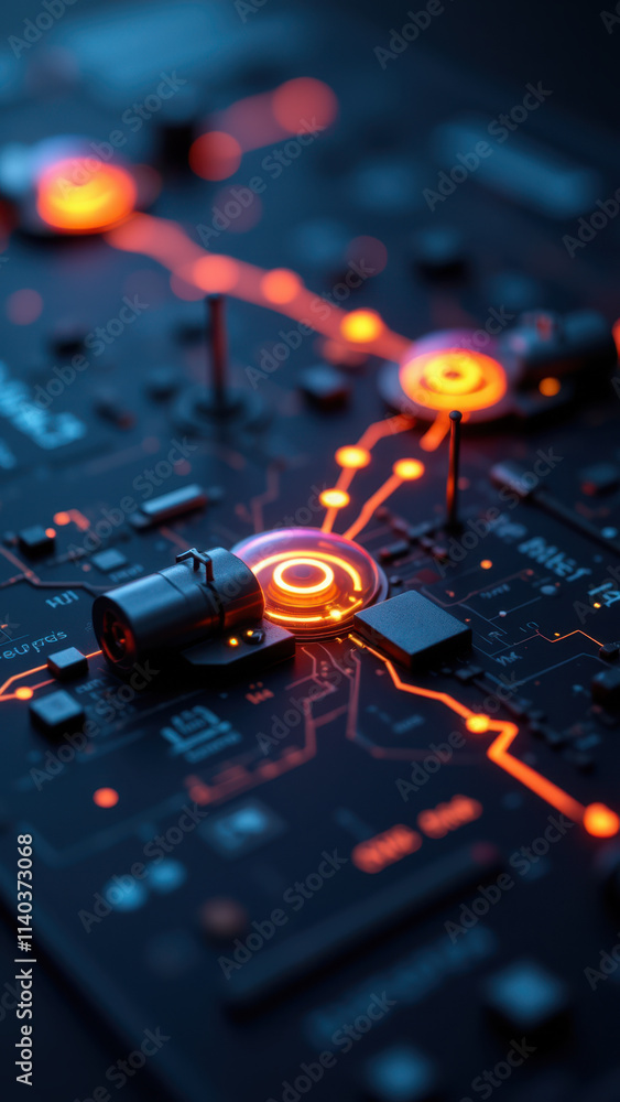 Aufkleber a close-up view of a glowing motherboard with illuminated pathways and orange circular lights, repre
