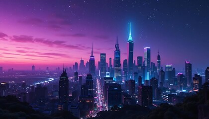 Fototapeta premium Neon Cityscape at Twilight: A Dreamy, Synthwave Panorama