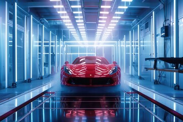 Red sports car on modern test track with vibrant neon lighting during quality assurance assessment. Generative AI