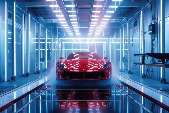 Red sports car on modern test track with vibrant neon lighting during quality assurance assessment. Generative AI