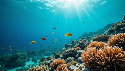 Obraz premium Discovering vibrant coral reefs and diverse marine life in an underwater paradise during a sunlit exploration