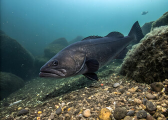 Fototapeta premium A deep black sablefish with smooth scales swimming near a rocky arctic seafloor