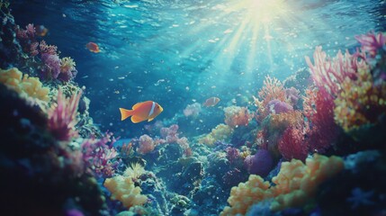 Obraz premium A vibrant underwater scene showcasing colorful coral reefs and fish, illuminated by sunlight streaming through the water surface.