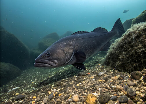 A deep black sablefish with smooth scales swimming near a rocky arctic seafloor